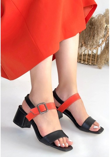 Year Siyah Cilt Turuncu Detaylı Siyah Kadın Topuklu Ayakkabı Siyah2