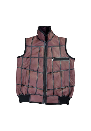 Içi Kürk-Dışı Süet Gerçek Deri Yakalı Ve Trikolu Yelek Bordo