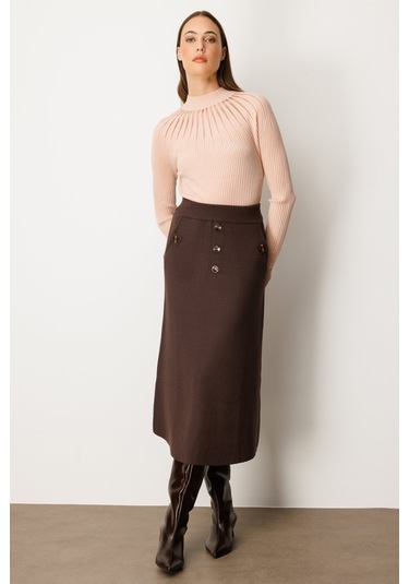 On Kadın Düğmeli Triko Etek 65207 Kahverengi Kahverengi