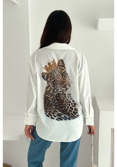 Kral Aslan Desen Baskılı Taşlı Gömlek Beyaz