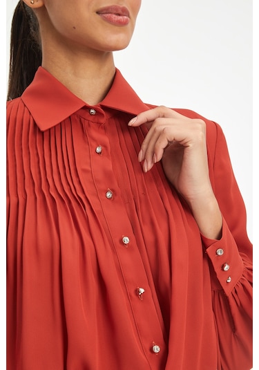 Kadın Pile Detaylı Klasik Gömlek - Taş Düğmeli, Yeşil