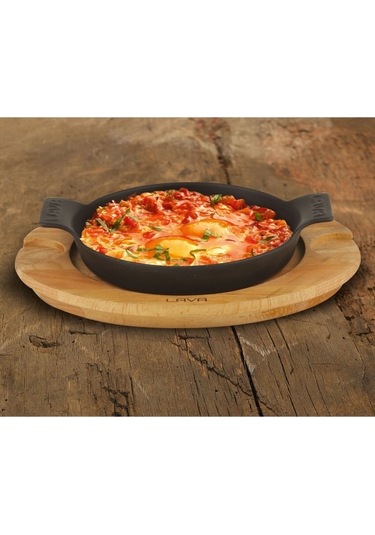 Lava Döküm Ahşap Allıklı Mini Yuvarlak Sahan Siyah 18 CM