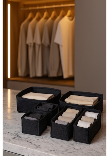 Keçe Çekmece Ve Dolap Düzenleyici Organizer Seti 6 Parça Siyah, Çok Amaçlı Düzenleyici Kutular Siyah