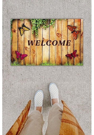 Dijital Baskı Dekoratif 'lü Kelebek Kahverengi Kapı Önü Paspası K-1257