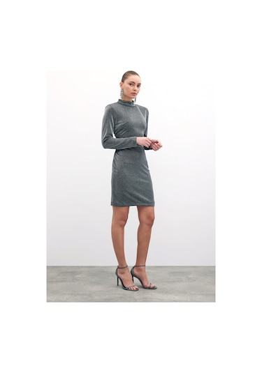 Sateen Parlak Kısa Elbise - Antrasit-135858 Antrasit
