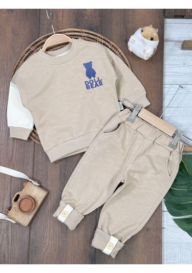 Ayıcık Baskılı Bisiklet Yaka Düğme Detaylı 2'li Bebek Takım Bej