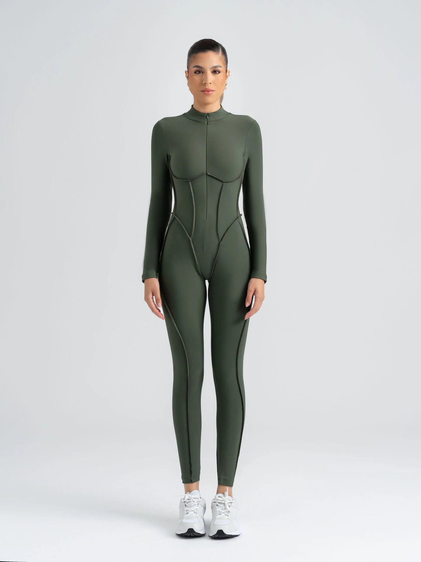 Dikişle Modellenmiş Spor Tayt Tulum Haki Yeşili