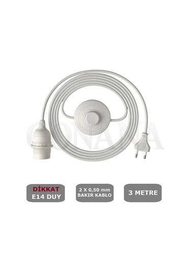 E14 Duylu 3 Metre Yerpuarlı Aç Kapat Anahtar Fişli Seyyar 2x0,50 Beyaz