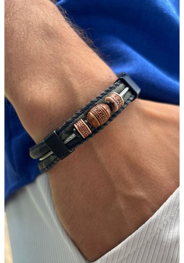 El İşçiliği İle Üretilmiş Hakiki Deri Erkek Bileklik Koyu Yeşil