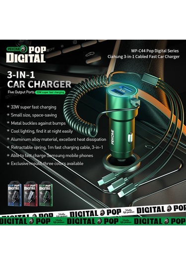 Wk Wp-c44 Pop Dijital Seri Ciahung 3'ü 1 Arada Kablolu 33w Çift Usb Hızlı Araç Şarj Cihazı Gümüş