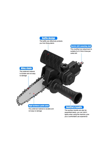 Folinda 4 İnç Elektrik Matkap Zincir Testere Dönüştürücü Aksesuar Seti - Ahşap İşleri El Testeresi - 6-13mm Üç Çene Somun Matkap Uyumlu - Siyah