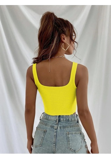 Askılı Fitilli Crop Top Bluz - Sarı Sarı