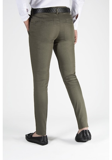 Erkek Haki Slim Fit Düz Model İtalyan Kesim Keten Pantolon Haki