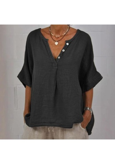 Pamuk Keten Kadın Gömlek V Yaka Düğmeli Yarım Patlet Yarım Kol Nefes Alabilir Bol Kamel