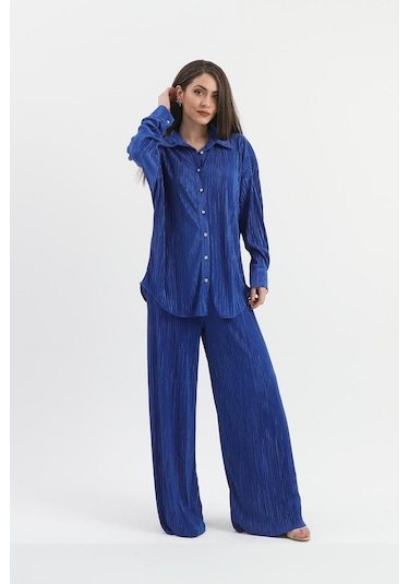 Düğme Detaylı Örme Pilise Takım - Saksmavisi-saksmavisi Saks Mavisi