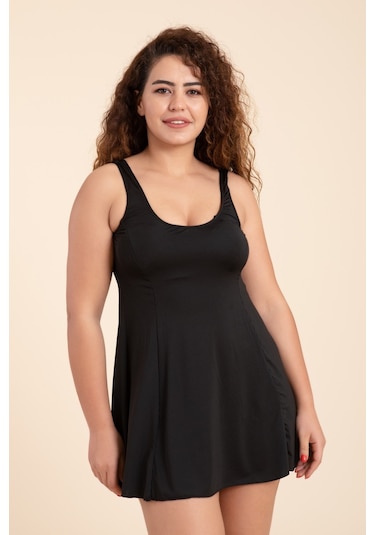 Kadın Büyük Beden Düz Askılı Etekli Elbise Mayo Siyah-siyah 30644 - 1 Siyah