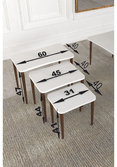 Zuesse Dizayn Reyhan 3lü Zigon Sehpa & Yan Sehpa Ahşap Ayaklı Salon Seti Çay Sehpası - Beyaz Mermer