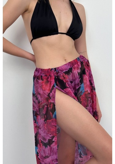 Çift Yırtmaçlı Desenli Pareo Mavi