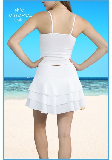 Mykonos Etek Ekru / Beyaz Içte Sabit Şortlu Yüksek Bel Likralı Bürümcük Kumaş Skirt With Shorts 4104 Ekru / Beyaz