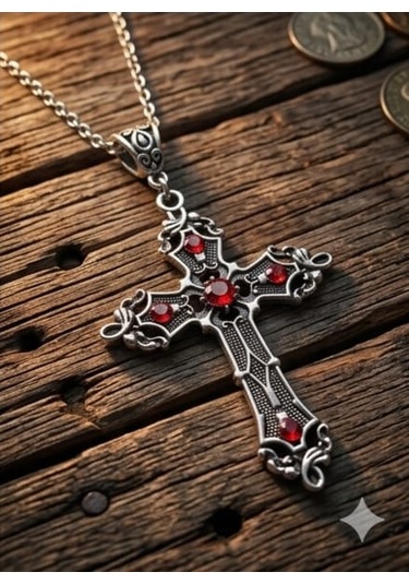 Dükkan Design Antik Rönasans Haç Kolye Gri - Kırmızı