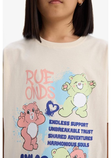 DeFacto Kız Çocuk Oversize Geniş Kalıp Bisiklet Yaka Kısa Kollu Tişört E0386A825SMER134 Ekru