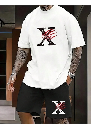 Hırsch Unisex Beyaz T-shirt Siyah Şort Alt Üst X Baskılı Takım Beyaz Siyah