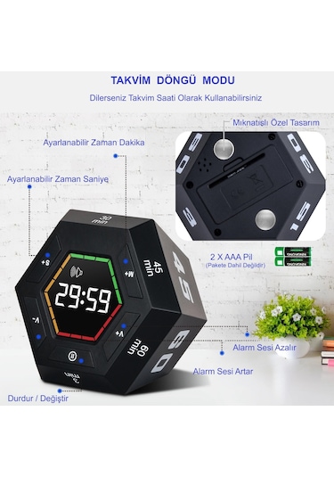 Hymark Altıgen Dijital Geri Sayım Zamanlayıcı Led Ekranlı Görsel Zaman Kontrol Mutfak Ders Mıknatıslı