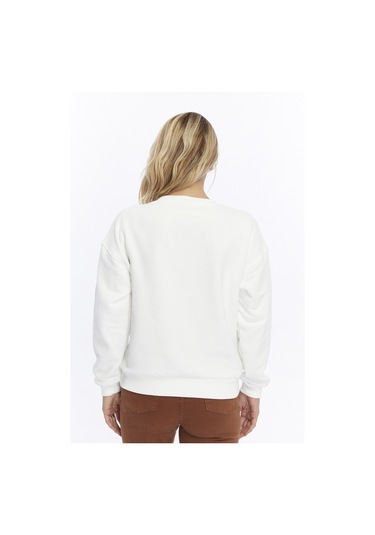 Kadife Be Yourself Desenli Ekru Yumuşak Dokulu Regular Fit Bisiklet Yaka Kadın Sweatshirt Ekru