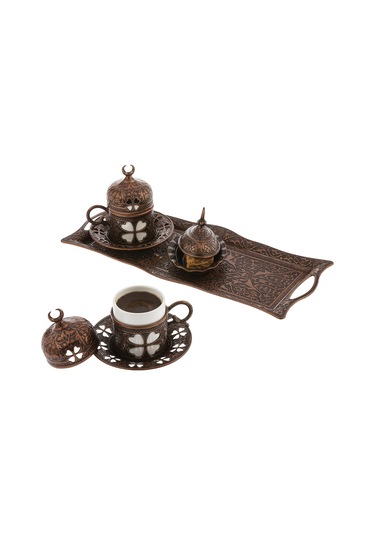 Elif Yonca 2 Li Kahve Damat Fincan Seti Bakır Bakır