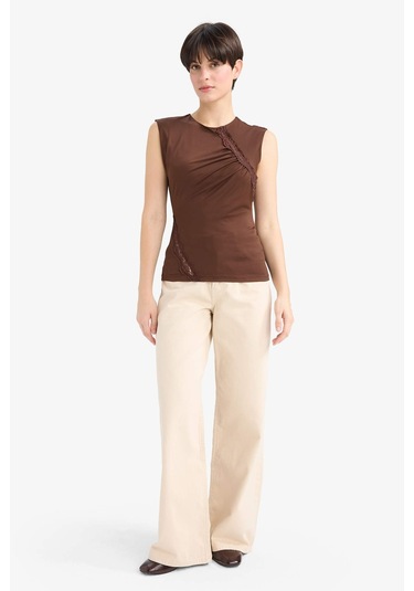 Defacto Slim Fit Dar Kesim Bisiklet Yaka Dantel Detaylı Kolsuz Bluz G4116ax25aubn341 Kahve-bn341