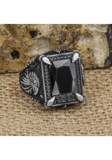 Kartal Motifli Kare Siyah Taşlı 925 Gümüş Erkek Yüzük