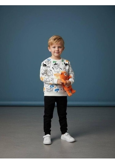 Zekids Erkek Çocuk Baskılı İnce Şardonlu Tasarım Eşofman Takımı-16632 Beyaz