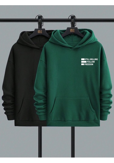 2'li Still Freedom Kalın Kışlık Sweatshirt - Siyah Nefti Yeşil Baskılı Oversize Kapüşonlu Siyah Nefti Yeşil