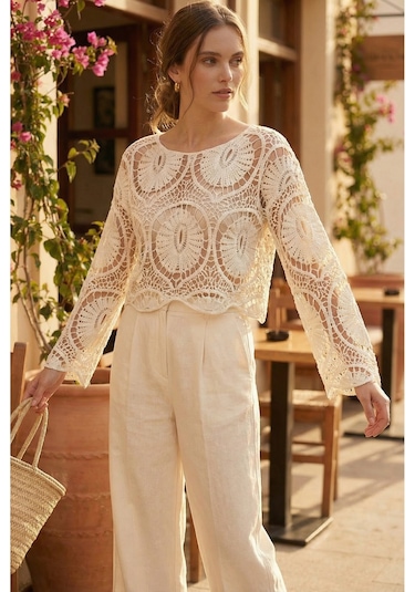 Sayzen Your Shine Dantel Işleme Crop Bluz Sy-shn2610 Ekru