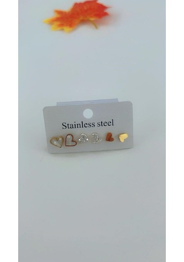 Kadın Kalp Set Çelik Küpe 3lü Set Altın