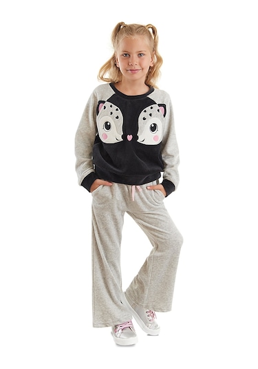 Denokids İkiz Ceylan Kız Çocuk Gri Kadife Eşofman Takım Gri