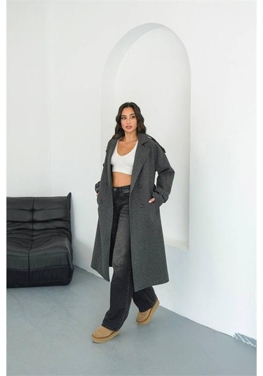 Neşeli Butik Kadın Omuz Detaylı Antrasit Kaşe Kaban Nbmylk34 Antrasit