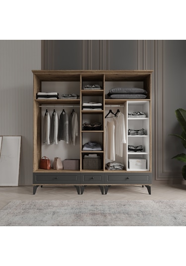 Beenal Nisa 5 Kapaklı Gardırop Dolap 200cm Atlantik Çam - Antrasi