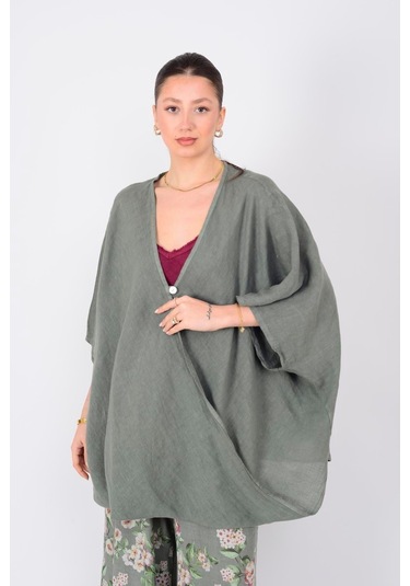 Bohem Kuruvaze Tek Düğmeli Keten Bluz-9884 Haki