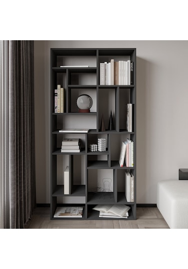 Nicola Kitaplık 18 Raflı, Modern Kütüphane Antrasit
