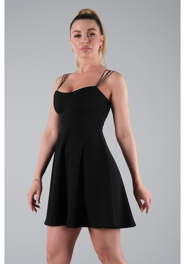 Siyah İnce Askılı Sırt Dekolteli V Yaka Kloş Abiye Elbise & Mezuniyet Elbisesi 0104026.01 Siyah