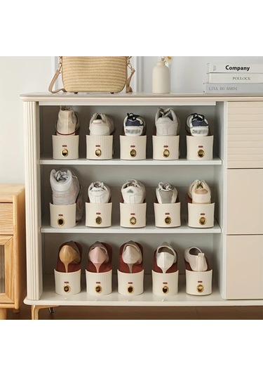 Fochsia Fildişi Beyaz Ve Kırmızı-kahverengi 10 Adet Katlanır Ayakkabı Askılığı, Dikey Çizgili, Altın Halkalı, Şık Ve Tasarruflu. Fildişi Beyazı Taban + Kahverengi-kırmızı İnsert