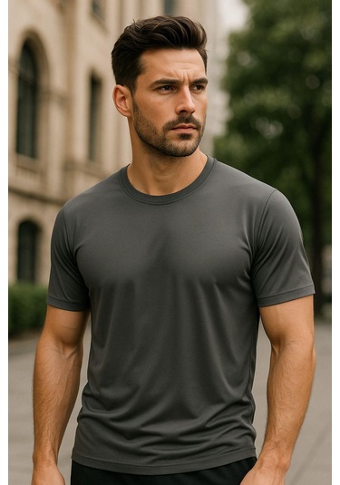 Erkek %100 Pamuk Slim Fit Sporcu Tişört Basic Bisiklet Yaka Kısa Kollu T-shirt Gri