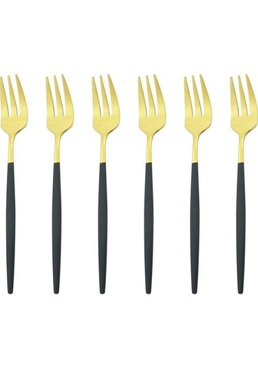 Siyah Ve Altın 6 Adet Renkli Çatal Seti Çay Kek Aperatif Çatal Yemek Takımı Çatal Bıçak Takımı Mat Paslanmaz Çelik Sofra Tatlı Meyve Çatalı Gümüş Seti Siyah - Altın