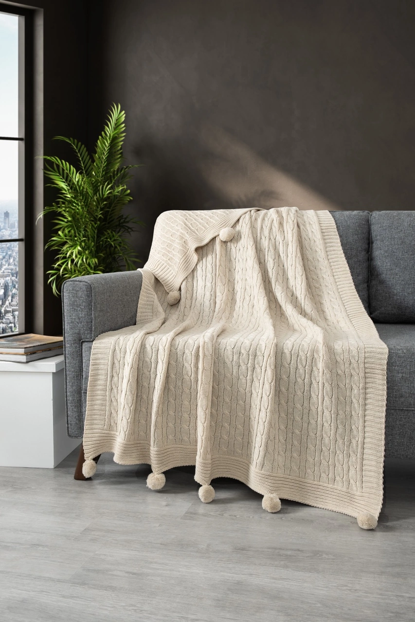 Ponponlu Triko Örme Tv Battaniyesi Örgü Koltuk & Omuz Şalı