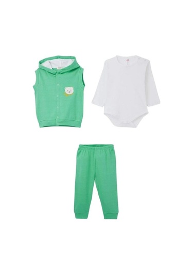Erkek Bebek Üçlü Ayıcık Detaylı Yelekli Takım-15294 Yesil