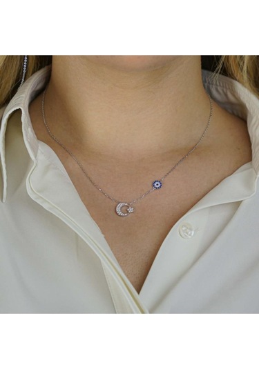 Modagümüşevi Minimal Ay Yıldız Nazar Tasarımlı 925 Ayar Gümüş Kadın Kolye