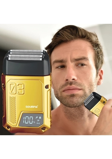 Çift Bıçaklı Ağ Hatteker Taşınabilir Erkek Elektrikli Tıraş Makinesi - Altın Mini Geri Dönüşlü Sakal Düzeltici Lcd Ekranlı, Usb Şarj Edilebilir, Çift Ve Üçlü Baş Seçenekleri İle Geliştirilmiş Bakım