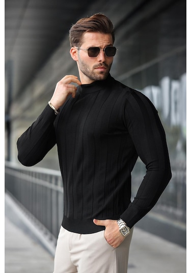 Siyah Yarım Balıkçı Erkek Triko Kazak E7423 Siyah