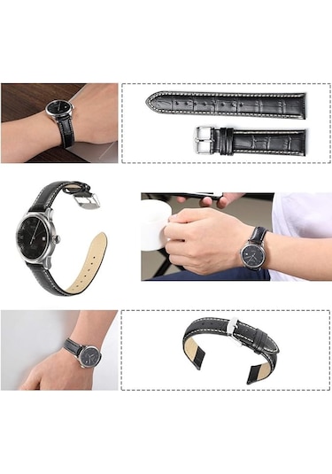 22 Milim Hakiki Dana Derisi Beyaz Dikişli Siyah Saat Kayışı